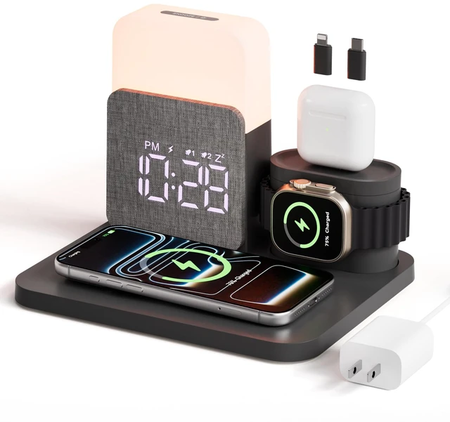 Main image of 7 in 1 Clock with Charging Station, Charger with Alarm Clock Night Light | Bedside charging stand compatible with iPhone 17/16/15/14/13/12 Pro Max, Apple Watch, AirPods for Bedroom Daily Use