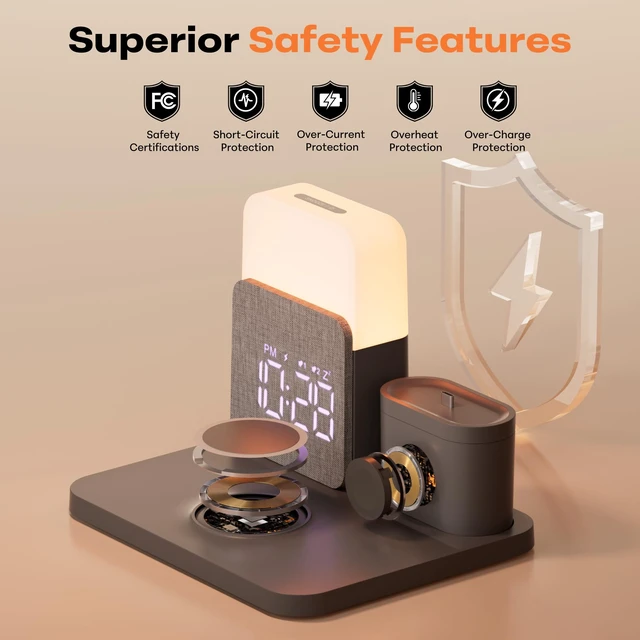 Alt view image 3 of 7 - 7 in 1 Clock with Charging Station, Charger with Alarm Clock Night Light | Bedside charging stand compatible with iPhone 17/16/15/14/13/12 Pro Max, Apple Watch, AirPods for Bedroom Daily Use