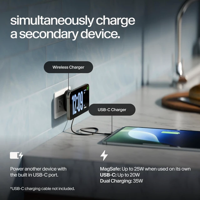 Alt view image 3 of 7 - Twelve South Power Bug, 2-in1 Qi2 Wireless + USB-C Wall Charger, Slate | 35W USB-C Hub Fast Charging for iPhone 17, 16, 15, 14 & More Magsafe Compatible Transforms outlet into a Charging Dock