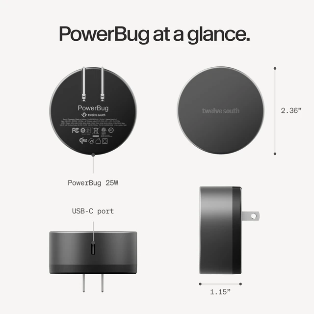 Alt view image 7 of 7 - Twelve South Power Bug, 2-in1 Qi2 Wireless + USB-C Wall Charger, Slate | 35W USB-C Hub Fast Charging for iPhone 17, 16, 15, 14 & More Magsafe Compatible Transforms outlet into a Charging Dock