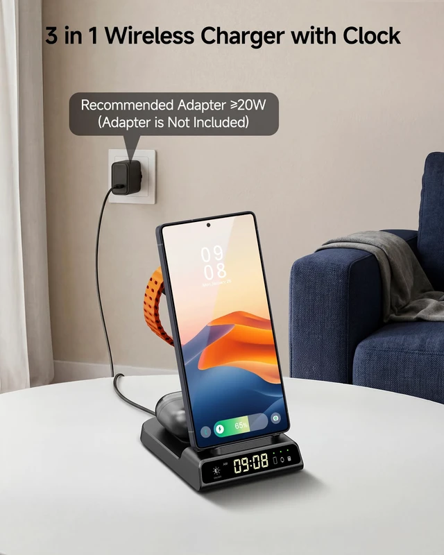 Alt view image 2 of 7 - Wireless Charger for Samsung S26 Ultra/Z Flip8, Galaxy Watch 8/Ultra/7/6/5 | for Samsung S26+/S25 Ultra/S25/Z Flip8/S24/S23/S22, Galaxy Watch 8/Ultra/7/6/5, Galaxy Buds4 Pro,Space-saving, LED Clock