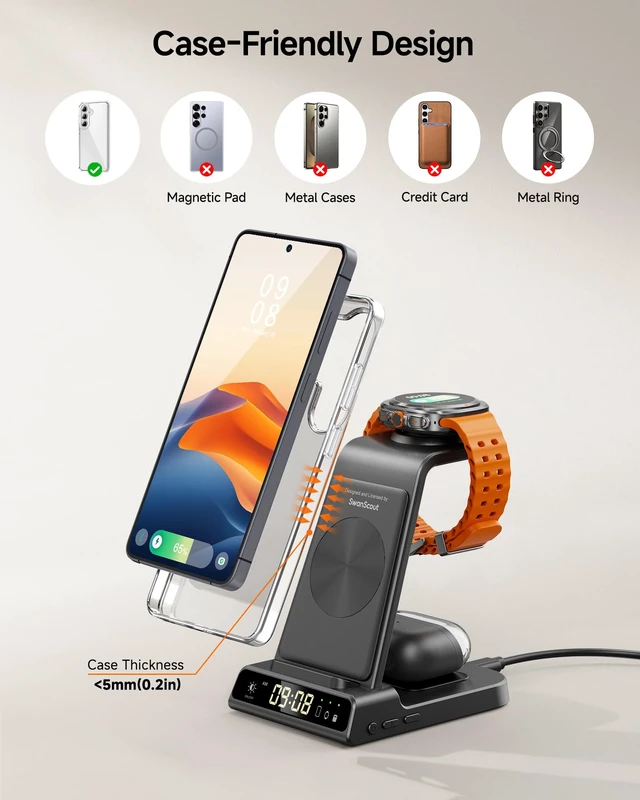 Alt view image 4 of 7 - Wireless Charger for Samsung S26 Ultra/Z Flip8, Galaxy Watch 8/Ultra/7/6/5 | for Samsung S26+/S25 Ultra/S25/Z Flip8/S24/S23/S22, Galaxy Watch 8/Ultra/7/6/5, Galaxy Buds4 Pro,Space-saving, LED Clock