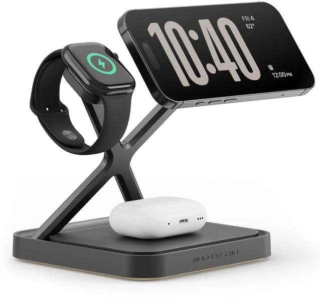 Main image of NOCO XGrid XDS3 3-in-1 Wireless Charging Station - iPhone, Watch & AirPods | MagSafe Compatible, Qi2 & MFi Certified, Weighted Metal Design, Includes 45W USB-C Wall Charger and 6.5-Foot USB-C Cable