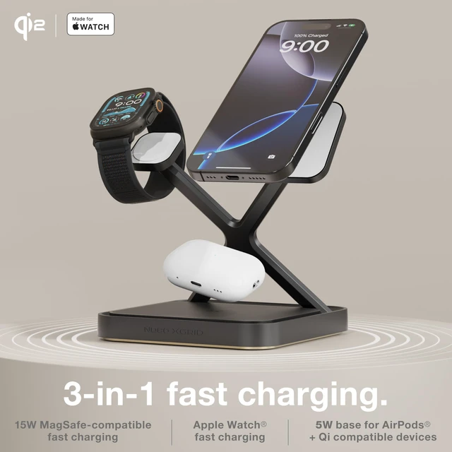Alt view image 2 of 7 - NOCO XGrid XDS3 3-in-1 Wireless Charging Station - iPhone, Watch & AirPods | MagSafe Compatible, Qi2 & MFi Certified, Weighted Metal Design, Includes 45W USB-C Wall Charger and 6.5-Foot USB-C Cable
