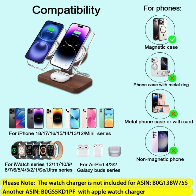 Alt view image 3 of 7 - Xunhomon Wood Dual Phone Charging Station Compatible with Magsafe Charger | Magnetic Wireless Charger for 2 iPhone 18 17 16 15 14 13 12 Series iWatch AirPods Wireless Charging Station