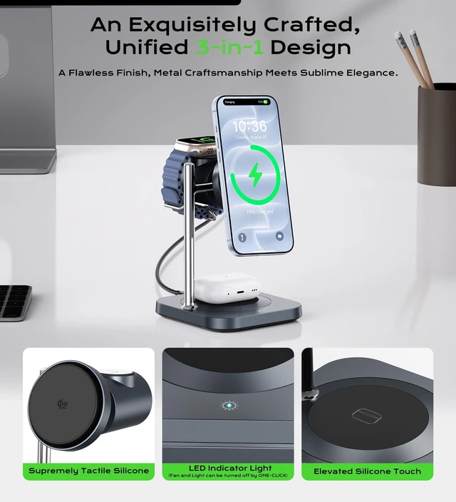 Alt view image 7 of 7 - Gumosh Qi2.2 25W Magnetic 3-in-1 Charging Station for Apple Devices | Wireless Magnetic Charger Stand with Cooling Fan, for iPhone Duo/18/17/16/15/14/13/12, Apple Watch/AirPods, with 45W Adapter