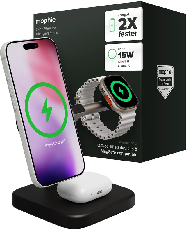 Main image of Mophie 3-in-1 Wireless Charging Stand - Qi2-Certified w/Up to 15W Power | MagSafe Charger for iPhone, Apple Watch & AirPods, Fast Charging Station w/ Adjustable Phone Stand & Cable Management, Black