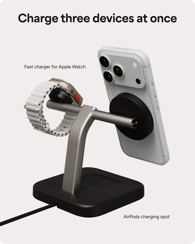 Alt view image 3 of 3 - Mophie 3-in-1 Wireless Charging Stand - Qi2-Certified w/Up to 15W Power | MagSafe Charger for iPhone, Apple Watch & AirPods, Fast Charging Station w/ Adjustable Phone Stand & Cable Management, Black