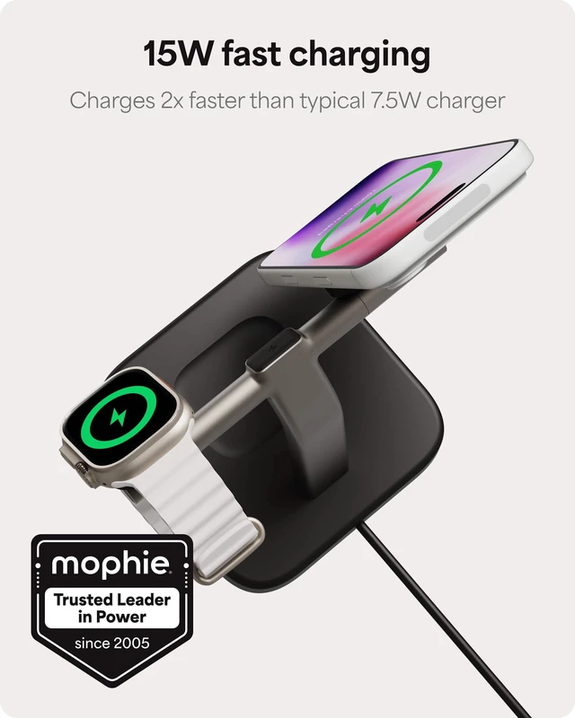 Alt view image 2 of 3 - Mophie 3-in-1 Wireless Charging Stand - Qi2-Certified w/Up to 15W Power | MagSafe Charger for iPhone, Apple Watch & AirPods, Fast Charging Station w/ Adjustable Phone Stand & Cable Management, Black