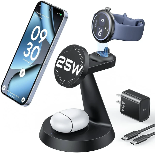 Main image of Meifigno 25W Fast 3-in-1 Charging Station for Google Pixel Watch 5/4 | Not for Google Watch 1/2/3, 25W Magnetic Charging for Pixel 11 Series/10 Pro XL & Buds, Mag-Safe Charger with 45W Adapter