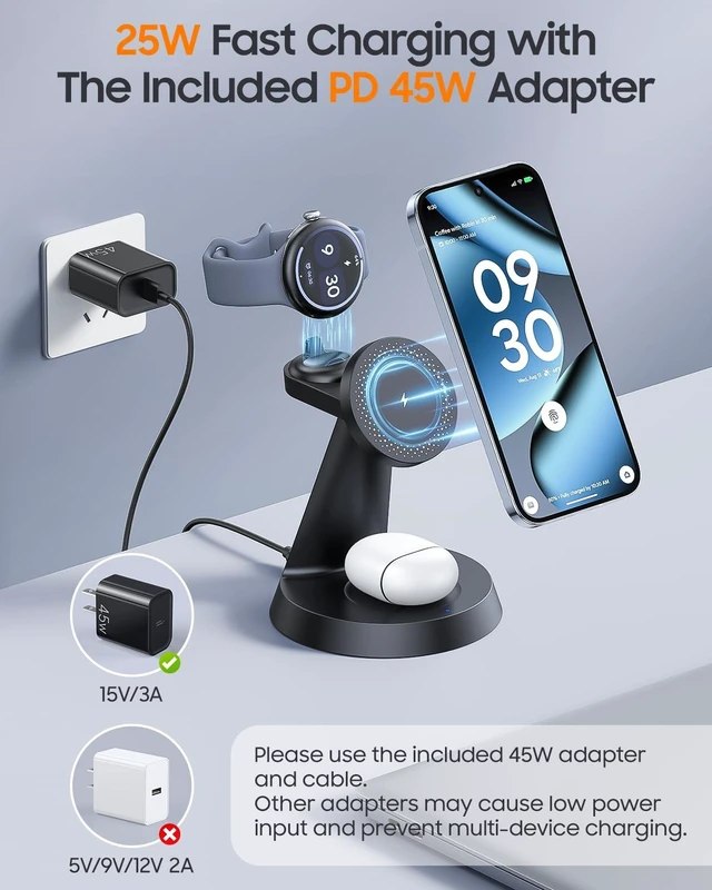 Alt view image 6 of 7 - Meifigno 25W Fast 3-in-1 Charging Station for Google Pixel Watch 5/4 | Not for Google Watch 1/2/3, 25W Magnetic Charging for Pixel 11 Series/10 Pro XL & Buds, Mag-Safe Charger with 45W Adapter