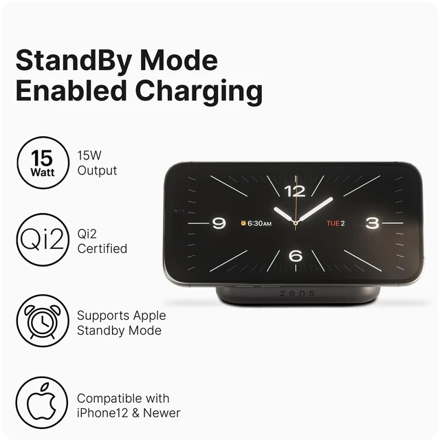 Alt view image 4 of 7 - Zens Magnetic Nightstand Charger | MagSafe Qi2 15W | Landscape Only (No Vertical) | Standby Mode | Compatible with iPhone 17/16/15/14/13/12 | 20W Adapter Included | Black