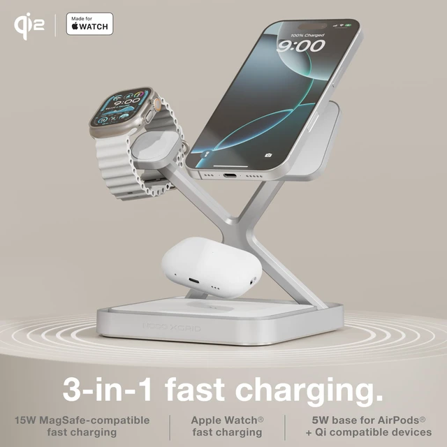 Alt view image 2 of 7 - NOCO XGrid XDS3 3-in-1 Wireless Charging Station - iPhone, Watch & AirPods | MagSafe Compatible, Qi2 & MFi Certified, Weighted Metal Design, Includes 45W USB-C Wall Charger and 6.5-Foot USB-C Cable