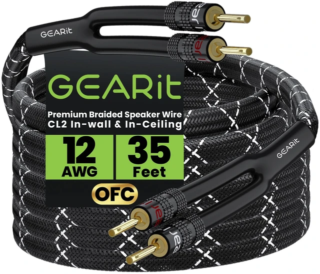 Main image of GEARit 12 Gauge Speaker Wire Banana Plugs CL2 Rated in-Wall 35 Feet Black | 12 AWG 99.9% Oxygen-Free Copper, Gold-Plated Tips, Braided Jacket, Home Theater Hi-Fi Amplifier Receiver, For Audiophiles