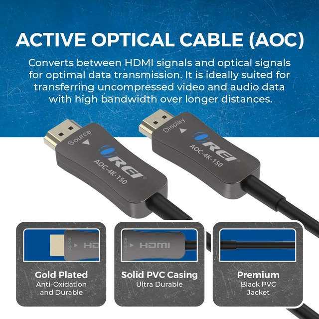 Alt view image 3 of 7 - OREI 4K Fiber Optic HDMI 2.0b Cable 150ft - 18Gbps, 4K@60Hz, HDR, HDCP 2.2 | Fiber Optic HDMI Cable for home cinema and professional AV, active optical design with reliable long-distance signal