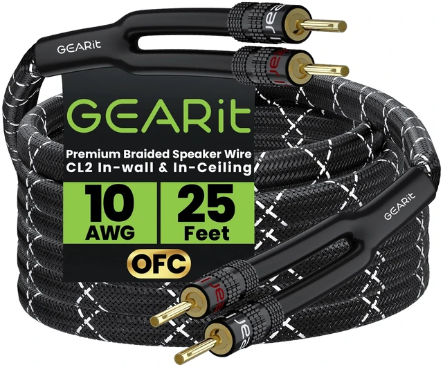 Main image of GEARit 10 Gauge Black Speaker Wire Banana Plugs CL2 Rated in-Wall 25 Feet | 10 AWG 99.9% Oxygen-Free Copper, Gold-Plated Tips, Braided Jacket, Home Theater Bookshelf Subwoofer Surround, Bi-Wire Bi-Amp