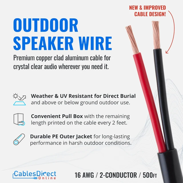 Alt view image 2 of 7 - Cables Direct Online Speaker Wire 16 Gauge, 500 ft for Outdoor and Indoor Use, 16/2 CCA (Copper Clad Aluminum) Stranded Bulk Audio Cable, In Ground Direct Burial Waterproof and UV Resistant