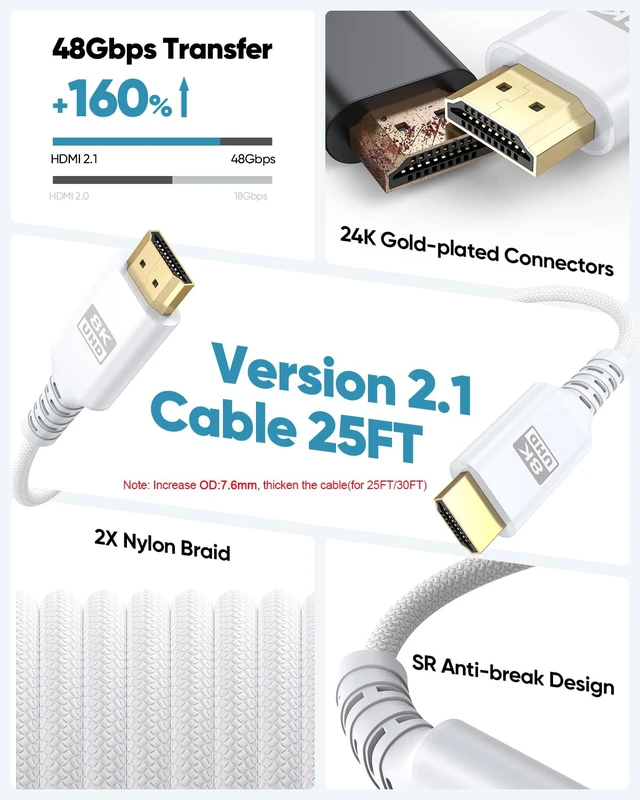 Alt view image 2 of 7 - UVOOI 8K White HDMI Cable 25 FT, HDMI 2.1 Cable 25FT Long Ultra High Speed | eARC Braided HDMI Cord with 8K@60Hz, 4K@120Hz, HDR10+, Dolby, 3D, HDCP2.3 for Laptop/Monitor/HDTV/Soundbar/Blu-ray/PS5/Xbox