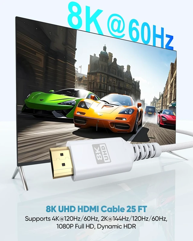 Alt view image 3 of 7 - UVOOI 8K White HDMI Cable 25 FT, HDMI 2.1 Cable 25FT Long Ultra High Speed | eARC Braided HDMI Cord with 8K@60Hz, 4K@120Hz, HDR10+, Dolby, 3D, HDCP2.3 for Laptop/Monitor/HDTV/Soundbar/Blu-ray/PS5/Xbox