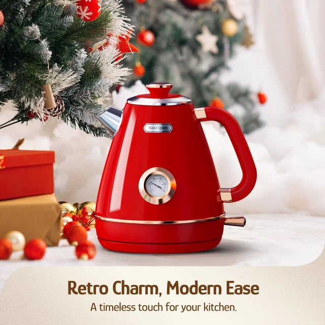 Alt view image 2 of 7 - Hazel Quinn Retro Electric Kettle, 1.7 Liters with Thermometer, Ruby Red | 57.5 Ounces Tea Kettle All Stainless Steel, 1200 Watts Fast Boiling, BPA-free, Cordless, Automatic Shut Off, Home and Office