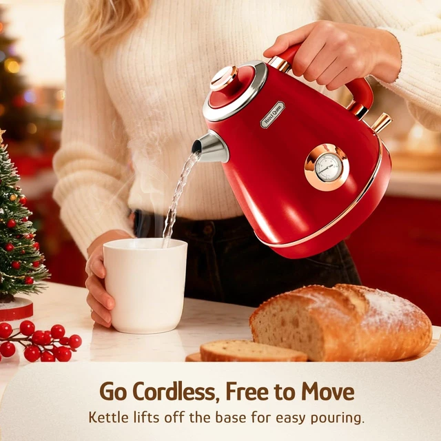 Alt view image 3 of 7 - Hazel Quinn Retro Electric Kettle, 1.7 Liters with Thermometer, Ruby Red | 57.5 Ounces Tea Kettle All Stainless Steel, 1200 Watts Fast Boiling, BPA-free, Cordless, Automatic Shut Off, Home and Office