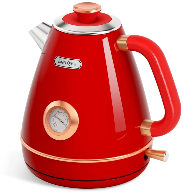 Main image of Hazel Quinn Retro Electric Kettle, 1.7 Liters with Thermometer, Ruby Red | 57.5 Ounces Tea Kettle All Stainless Steel, 1200 Watts Fast Boiling, BPA-free, Cordless, Automatic Shut Off, Home and Office