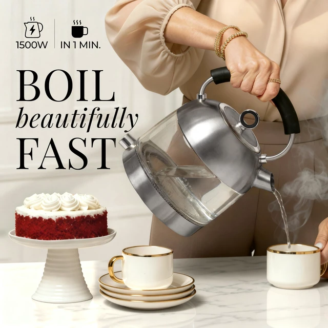 Alt view image 2 of 7 - Styled Settings Glass Electric Kettle with Temperature Control, Silver | BPA and Plastic Free Electric Kettle with Keep Warm Function, Borosilicate Glass - Fast 1500W Hot Water Boiler, Auto Shut-Off