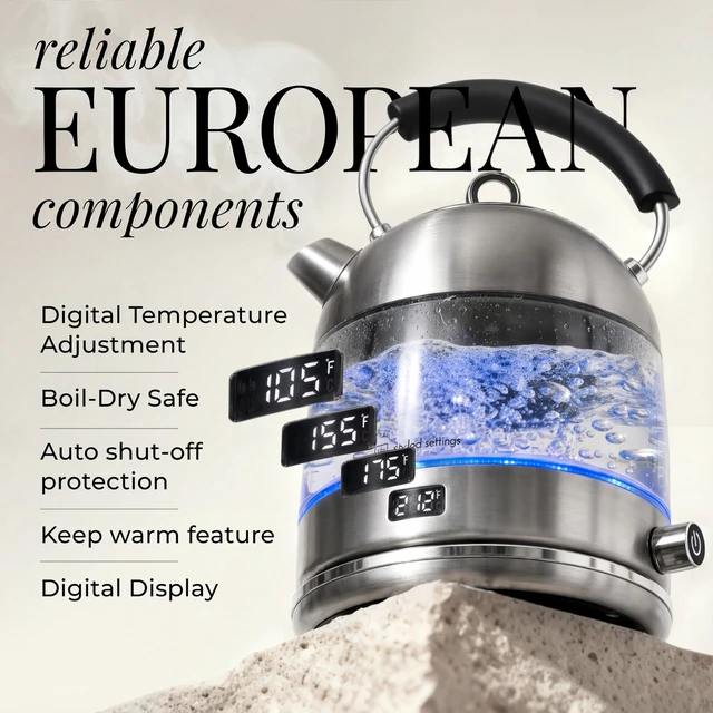 Alt view image 3 of 7 - Styled Settings Glass Electric Kettle with Temperature Control, Silver | BPA and Plastic Free Electric Kettle with Keep Warm Function, Borosilicate Glass - Fast 1500W Hot Water Boiler, Auto Shut-Off