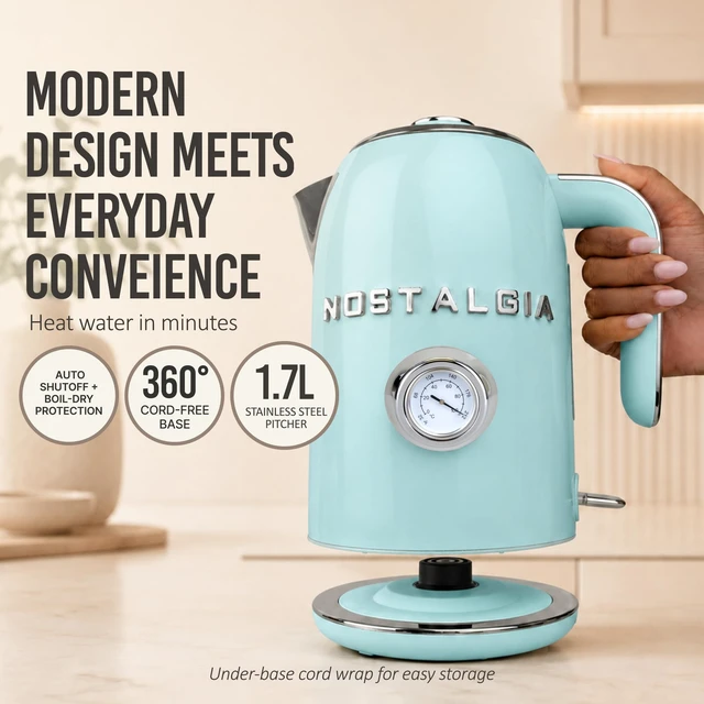 Alt view image 2 of 7 - Nostalgia Retro Electric Kettle,1.7L Enamel-Coated Stainless Steel - Aqua | 1500W Fast Boil Tea Kettle, Cordless with Auto Shut-Off, Boil-Dry Protection, Analog Temperature Gauge, 3D Lettering