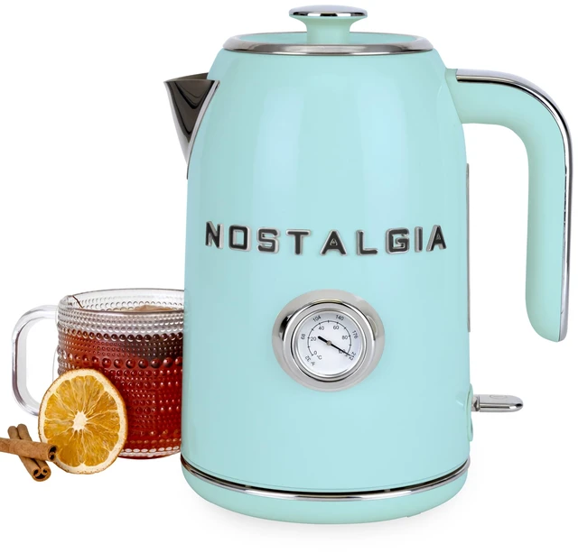 Main image of Nostalgia Retro Electric Kettle,1.7L Enamel-Coated Stainless Steel - Aqua | 1500W Fast Boil Tea Kettle, Cordless with Auto Shut-Off, Boil-Dry Protection, Analog Temperature Gauge, 3D Lettering