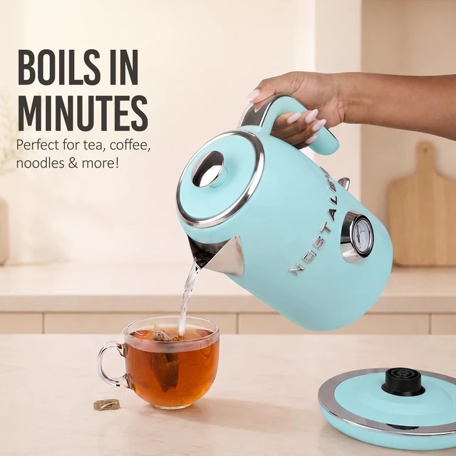 Alt view image 3 of 7 - Nostalgia Retro Electric Kettle,1.7L Enamel-Coated Stainless Steel - Aqua | 1500W Fast Boil Tea Kettle, Cordless with Auto Shut-Off, Boil-Dry Protection, Analog Temperature Gauge, 3D Lettering