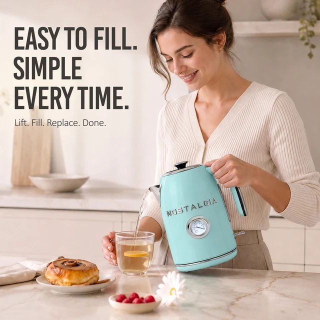 Alt view image 4 of 7 - Nostalgia Retro Electric Kettle,1.7L Enamel-Coated Stainless Steel - Aqua | 1500W Fast Boil Tea Kettle, Cordless with Auto Shut-Off, Boil-Dry Protection, Analog Temperature Gauge, 3D Lettering