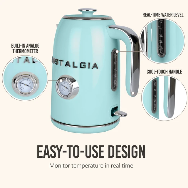 Alt view image 5 of 7 - Nostalgia Retro Electric Kettle,1.7L Enamel-Coated Stainless Steel - Aqua | 1500W Fast Boil Tea Kettle, Cordless with Auto Shut-Off, Boil-Dry Protection, Analog Temperature Gauge, 3D Lettering