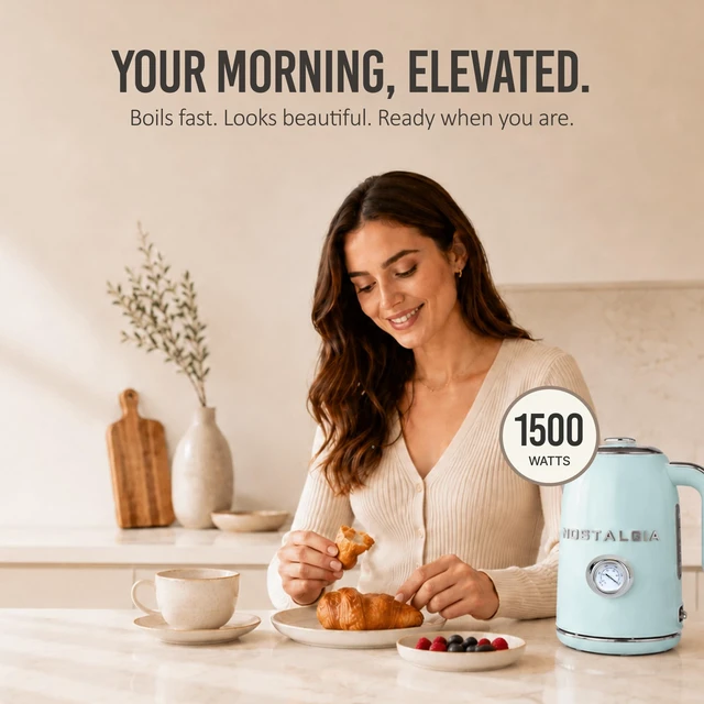 Alt view image 6 of 7 - Nostalgia Retro Electric Kettle,1.7L Enamel-Coated Stainless Steel - Aqua | 1500W Fast Boil Tea Kettle, Cordless with Auto Shut-Off, Boil-Dry Protection, Analog Temperature Gauge, 3D Lettering
