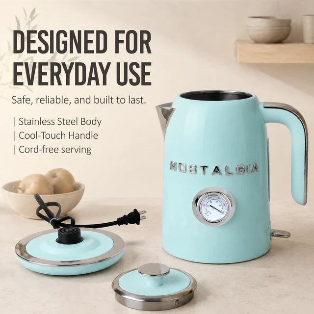 Alt view image 7 of 7 - Nostalgia Retro Electric Kettle,1.7L Enamel-Coated Stainless Steel - Aqua | 1500W Fast Boil Tea Kettle, Cordless with Auto Shut-Off, Boil-Dry Protection, Analog Temperature Gauge, 3D Lettering