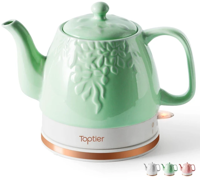 Main image of Toptier Electric Ceramic Tea Kettle, Boil Water Quickly and Easily, Detachable Swivel Base & Boil Dry Protection, Carefree Auto Shut Off, 1 L, Green Leaf