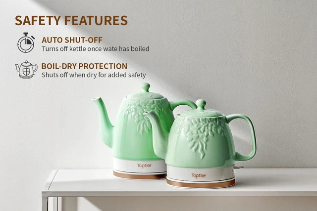 Alt view image 2 of 5 - Toptier Electric Ceramic Tea Kettle, Boil Water Quickly and Easily, Detachable Swivel Base & Boil Dry Protection, Carefree Auto Shut Off, 1 L, Green Leaf