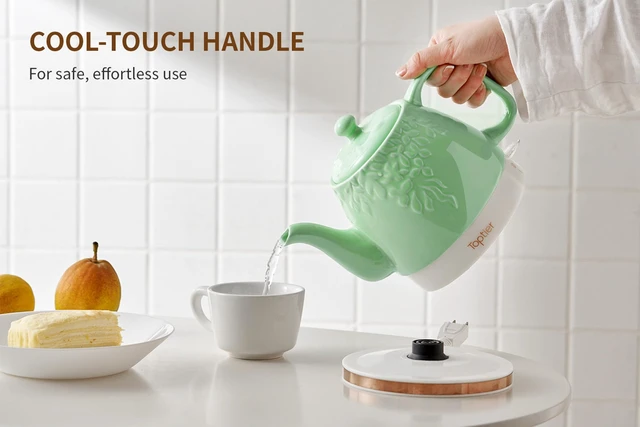 Alt view image 3 of 5 - Toptier Electric Ceramic Tea Kettle, Boil Water Quickly and Easily, Detachable Swivel Base & Boil Dry Protection, Carefree Auto Shut Off, 1 L, Green Leaf