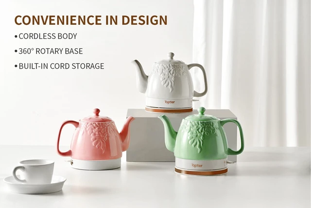 Alt view image 5 of 5 - Toptier Electric Ceramic Tea Kettle, Boil Water Quickly and Easily, Detachable Swivel Base & Boil Dry Protection, Carefree Auto Shut Off, 1 L, Green Leaf
