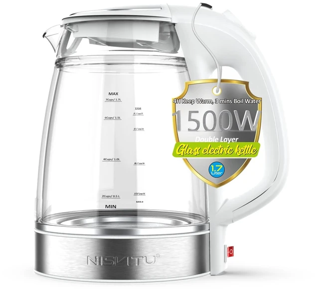 Main image of NISVITU 1.7L Dual Wall Cool Touch BPA-Free Electric Kettle, White | Glass Inner+PC Outer, 1500W Fast Boil Cordless Hot Water Boiler Electric Tea Kettle, Auto Shut-Off+Keep Warm