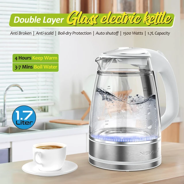 Alt view image 2 of 7 - NISVITU 1.7L Dual Wall Cool Touch BPA-Free Electric Kettle, White | Glass Inner+PC Outer, 1500W Fast Boil Cordless Hot Water Boiler Electric Tea Kettle, Auto Shut-Off+Keep Warm