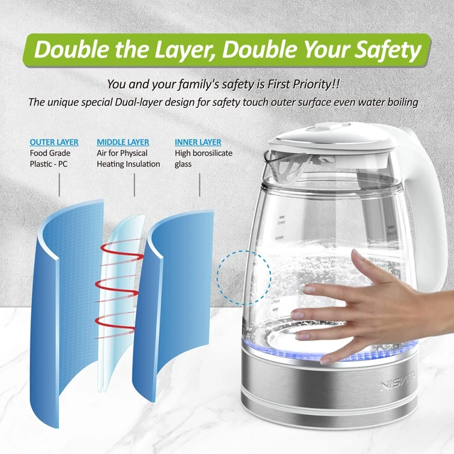 Alt view image 3 of 7 - NISVITU 1.7L Dual Wall Cool Touch BPA-Free Electric Kettle, White | Glass Inner+PC Outer, 1500W Fast Boil Cordless Hot Water Boiler Electric Tea Kettle, Auto Shut-Off+Keep Warm