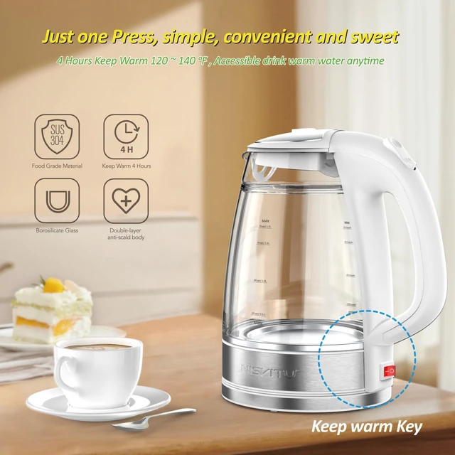 Alt view image 4 of 7 - NISVITU 1.7L Dual Wall Cool Touch BPA-Free Electric Kettle, White | Glass Inner+PC Outer, 1500W Fast Boil Cordless Hot Water Boiler Electric Tea Kettle, Auto Shut-Off+Keep Warm