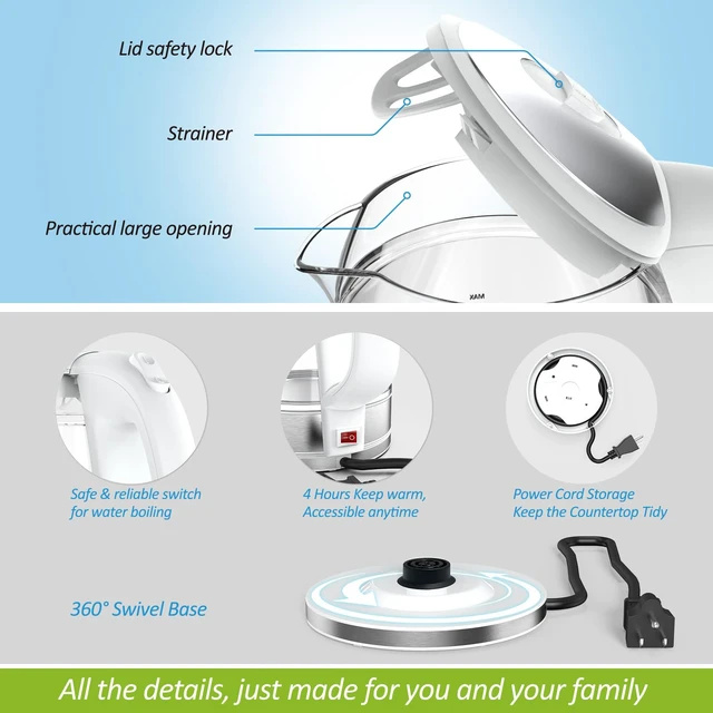 Alt view image 6 of 7 - NISVITU 1.7L Dual Wall Cool Touch BPA-Free Electric Kettle, White | Glass Inner+PC Outer, 1500W Fast Boil Cordless Hot Water Boiler Electric Tea Kettle, Auto Shut-Off+Keep Warm