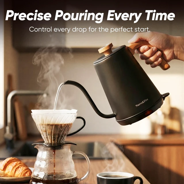Alt view image 2 of 7 - Nueve&Five Electric Gooseneck Kettle with Thermometer, 1.0L Pour Over Hot Water Kettle for Coffee and Tea, 1000W, Auto Shutoff, Boil-Dry Protection, Matte Black