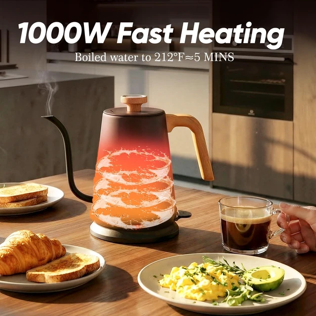 Alt view image 4 of 7 - Nueve&Five Electric Gooseneck Kettle with Thermometer, 1.0L Pour Over Hot Water Kettle for Coffee and Tea, 1000W, Auto Shutoff, Boil-Dry Protection, Matte Black