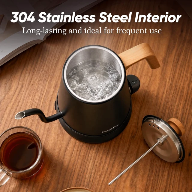 Alt view image 5 of 7 - Nueve&Five Electric Gooseneck Kettle with Thermometer, 1.0L Pour Over Hot Water Kettle for Coffee and Tea, 1000W, Auto Shutoff, Boil-Dry Protection, Matte Black
