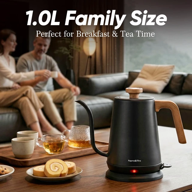 Alt view image 6 of 7 - Nueve&Five Electric Gooseneck Kettle with Thermometer, 1.0L Pour Over Hot Water Kettle for Coffee and Tea, 1000W, Auto Shutoff, Boil-Dry Protection, Matte Black