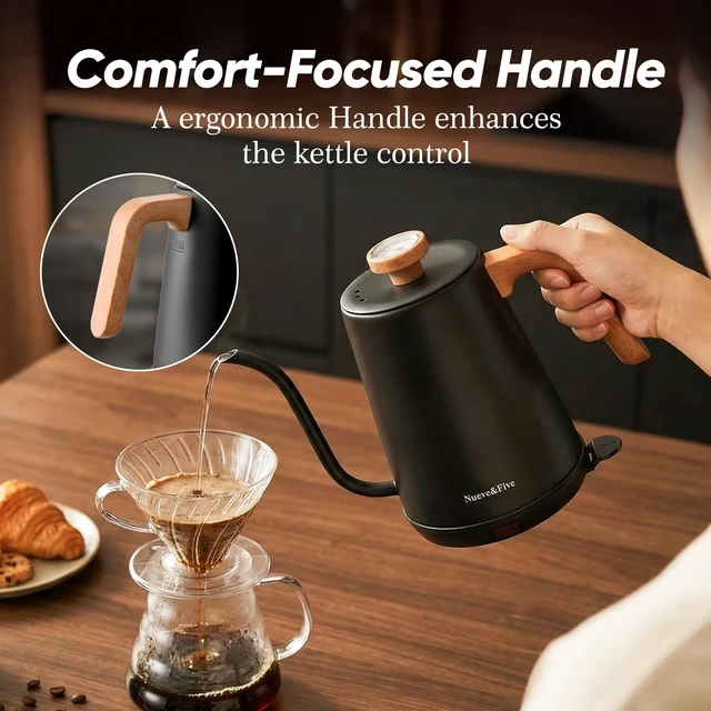 Alt view image 7 of 7 - Nueve&Five Electric Gooseneck Kettle with Thermometer, 1.0L Pour Over Hot Water Kettle for Coffee and Tea, 1000W, Auto Shutoff, Boil-Dry Protection, Matte Black
