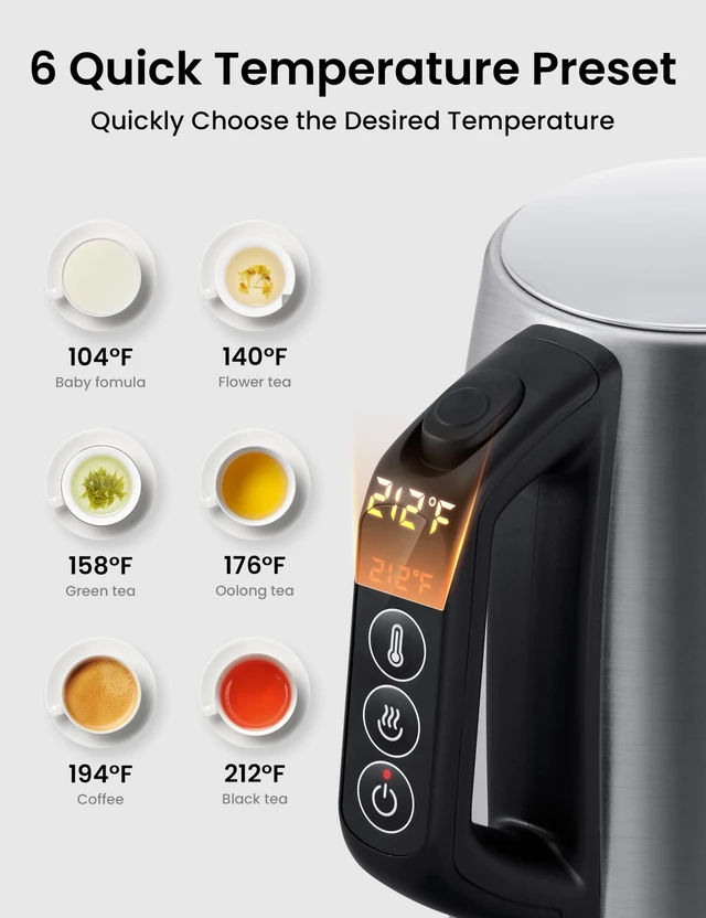 Alt view image 2 of 7 - COMFEE' Stainless Steel Temperature-Control Kettle, 1.7L with 6 Preset Mode | 6 preset temperatures, stainless steel, keeps warm for 1 hour, easy-view water window, auto shut-off, boil-dry protection